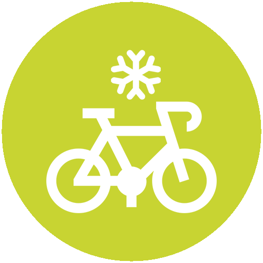 Ikon av en cykel med en snöflinga ovanför, representerar cykling i kallt väder.